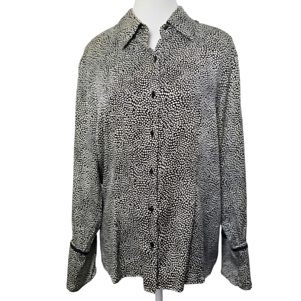 Talbots Vintage 100% Silk Black White Print Long Sleeve Blouse Size 12
